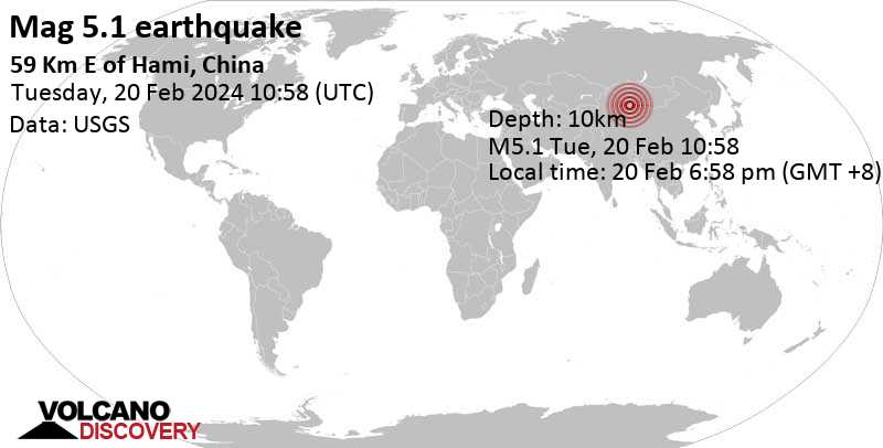 5.1 quake 59 km east of Kumul, Xinjiang, China, Feb 20, 2024 06:58 pm (Shanghai time)