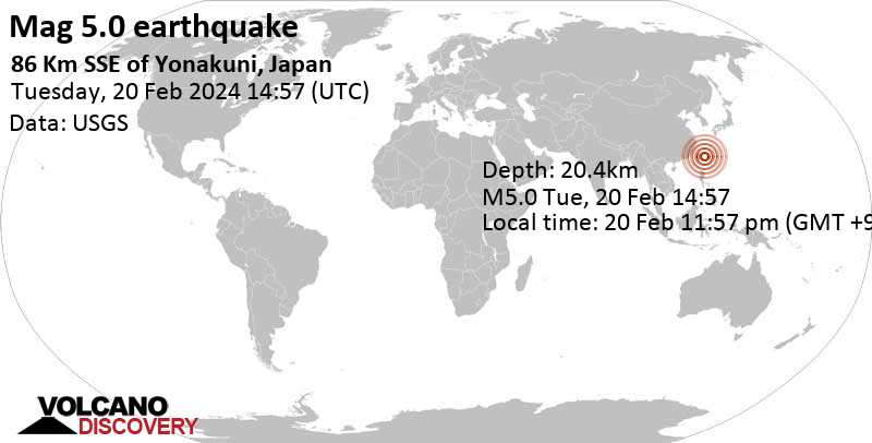 5.0 quake Philippine Sea, 93 km south of Kumi Island, Okinawa, Japan, Feb 20, 2024 11:57 pm (GMT +9)