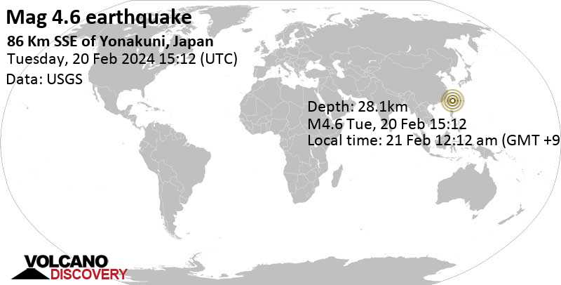4.6 quake Philippine Sea, 86 km south of Kumi Island, Okinawa, Japan, Feb 21, 2024 12:12 am (GMT +9)
