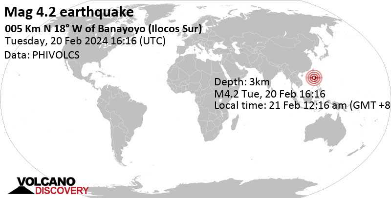 4.2 quake 34 km south of Vigan, Province of Ilocos Sur, Ilocos, Philippines, Feb 21, 2024 12:16 am (Manila time)