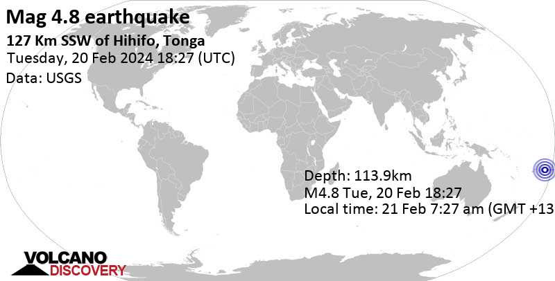 4.8 quake South Pacific Ocean, 469 km north of Nukalofa, Tongatapu, Tonga, Feb 21, 2024 07:27 am (GMT +13)