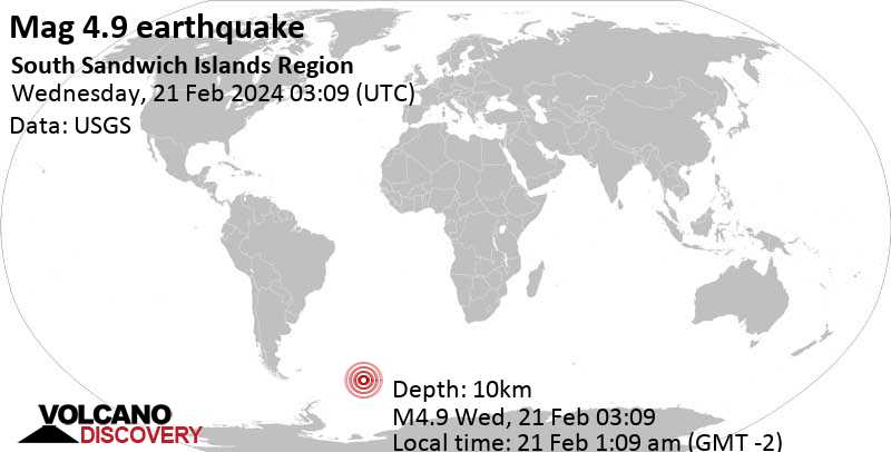 4.9 quake South Atlantic Ocean, 210 km northwest of Visokoi Island, South Georgia & South Sandwich Islands, Feb 21, 2024 01:09 am (GMT -2)