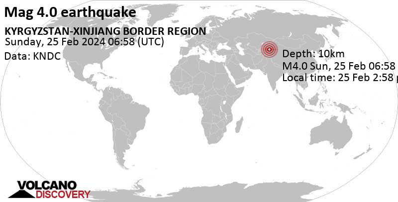 4.0 quake 88 km west of New Aksu, Xinjiang, China, Feb 25, 2024 02:58 pm (Shanghai time)