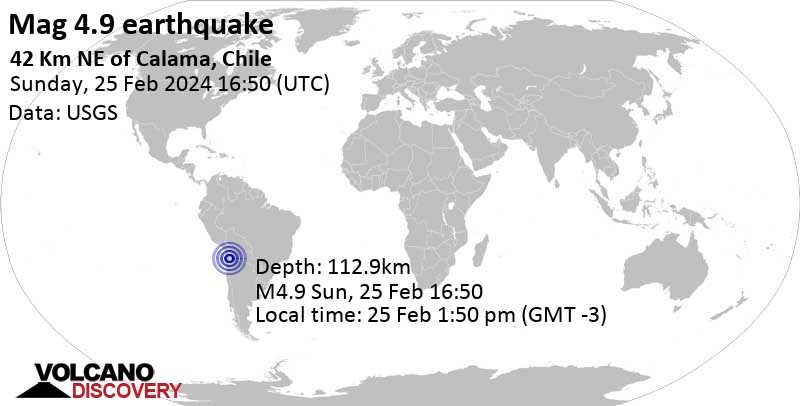 4.9 quake 43 km northeast of Calama, Provincia de El Loa, Antofagasta, Chile, Feb 25, 2024 01:50 pm (Santiago time)