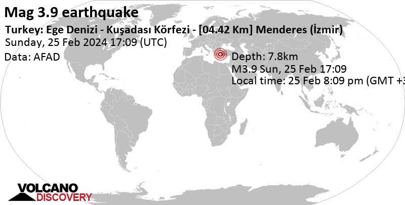 3.9 quake Aegean Sea, 48 km south of Izmir, İzmir, Turkey, Feb 25, 2024 08:09 pm (Istanbul time)