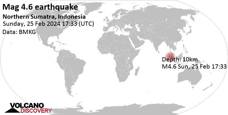 4.8 quake Indian Ocean, 118 km southwest of Padangsidempuan, North Sumatra, Indonesia, Feb 26, 2024 12:33 am (Jakarta time)