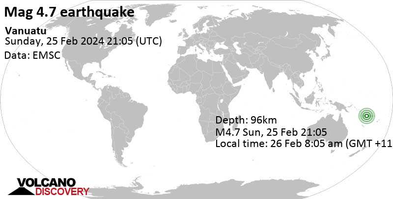 4.7 quake Coral Sea, 41 km northwest of Ureparapara Island, Torba, Vanuatu, Feb 26, 2024 08:05 am (Efate time)