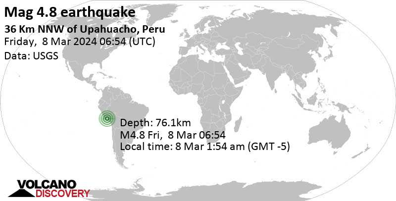4.8 quake 50 km northeast of Coracora, Ayacucho, Peru, Mar 8, 2024 01:54 am (Lima time)