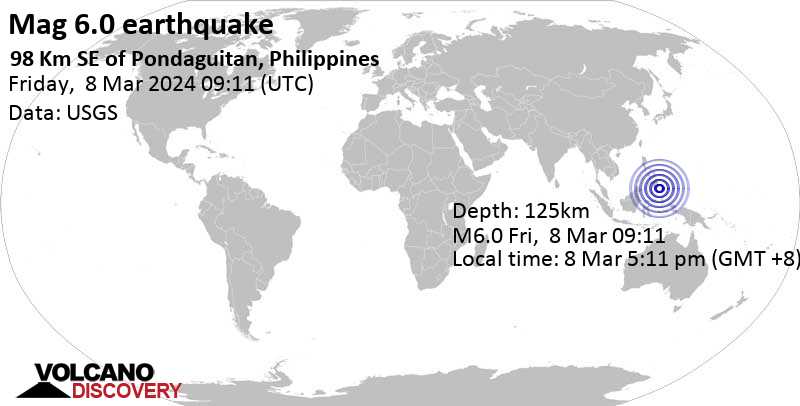 6.0 quake Philippine Sea, 146 km southeast of Mati, Philippines, Mar 8, 2024 05:11 pm (GMT +8)