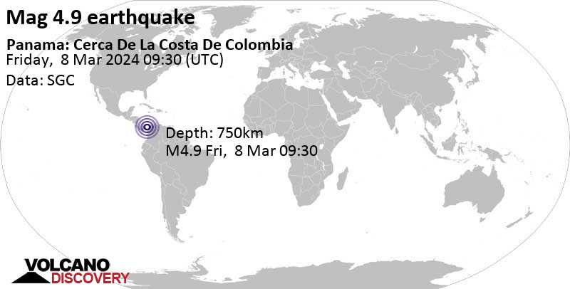 4.9 quake Caribbean Sea, 233 km east of Panama, Panama, Mar 8, 2024 04:30 am (GMT -5)