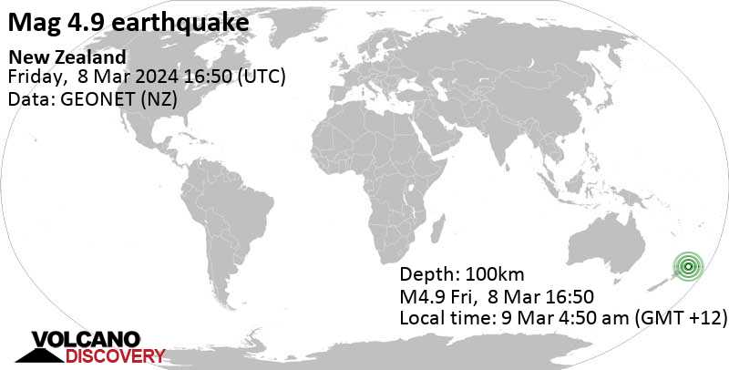 4.9 quake South Pacific Ocean, 462 km east of Auckland, Auckland, New Zealand, Mar 9, 2024 04:50 am (GMT +12)