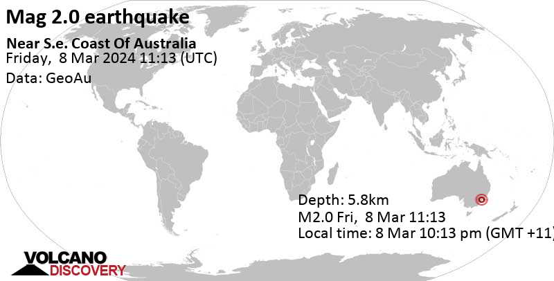 2.0 quake Wollondilly, 19 km southwest of Glenmore Park, Penrith Municipality, New South Wales, Australia, Mar 8, 2024 10:13 pm (Sydney time)
