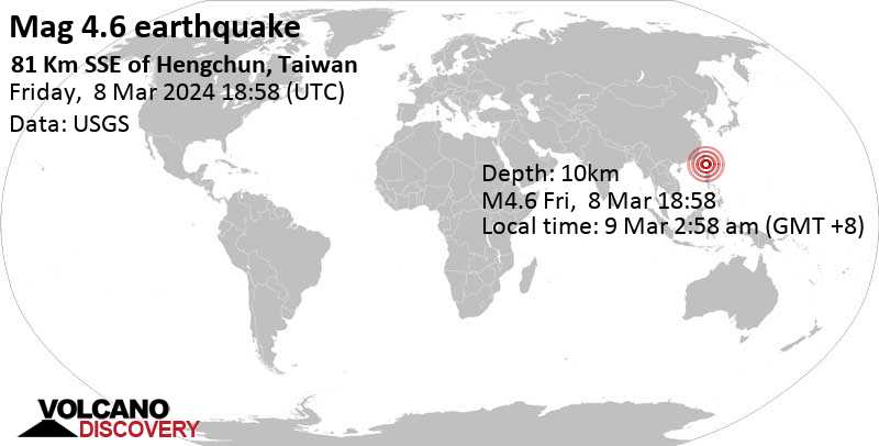 4.6 quake South China Sea, 82 km south of Hengchun, Taiwan, Mar 9, 2024 02:58 am (GMT +8)