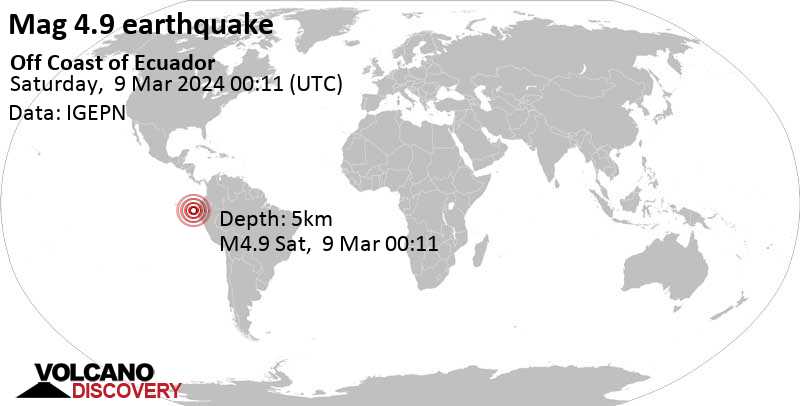 4.9 quake South Pacific Ocean, 260 km west of Santa Elena, Santa Elena, Ecuador, Mar 8, 2024 06:11 pm (GMT -6)