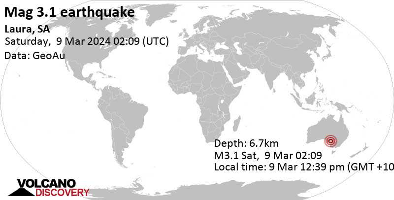 3.1 quake Northern Areas, 28 km east of Port Pirie, Port Pirie City and Dists, South Australia, Australia, Mar 9, 2024 12:39 pm (Adelaide time)