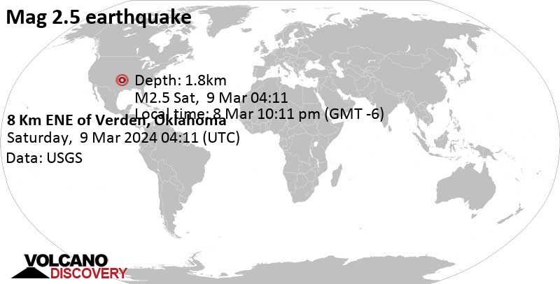 2.5 quake 5.5 mi northwest of Chickasha, Grady County, Oklahoma, USA, Mar 8, 2024 10:11 pm (Chicago time)