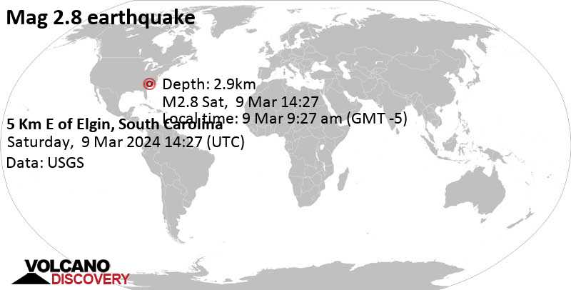 2.8 quake Kershaw County, 21 mi northeast of Kolambija, Richland County, South Carolina, USA, Mar 9, 2024 09:27 am (New York time)