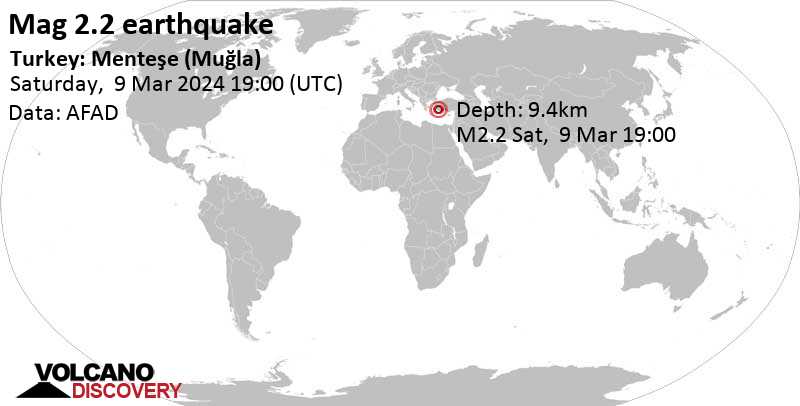 2.2 quake 1.4 km northwest of Muğla, Muğla, Turkey, Mar 9, 2024 10:00 pm (Istanbul time)
