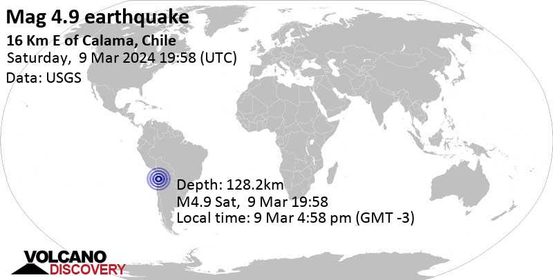 4.9 quake 17 km east of Calama, Provincia de El Loa, Antofagasta, Chile, Mar 9, 2024 04:58 pm (Santiago time)
