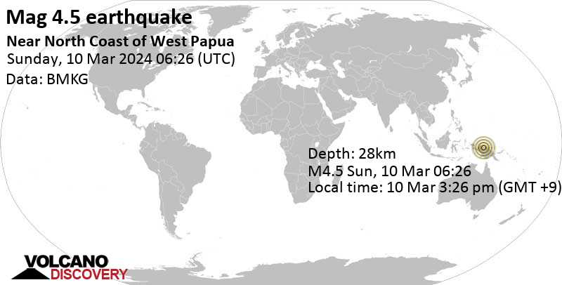 4.6 quake Kabupaten Jayapura, South Papua, 119 km west of Jayapura, Indonesia, Mar 10, 2024 03:26 pm (Jayapura time)