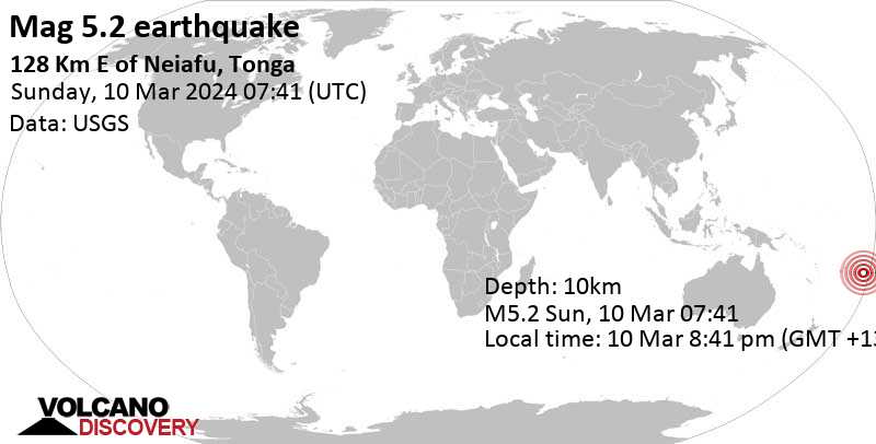5.2 quake South Pacific Ocean, 129 km east of Neiafu, Vava'u, Tonga, Mar 10, 2024 08:41 pm (GMT +13)