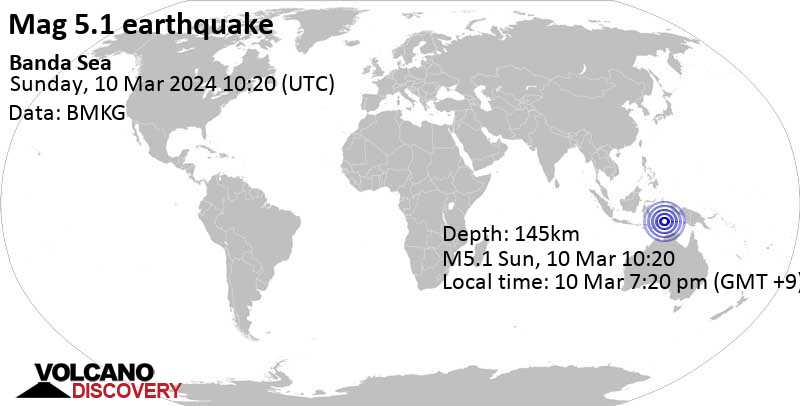 5.1 quake Banda Sea, 58 km northwest of Metang Island, Maluku, Indonesia, Mar 10, 2024 07:20 pm (Jayapura time)