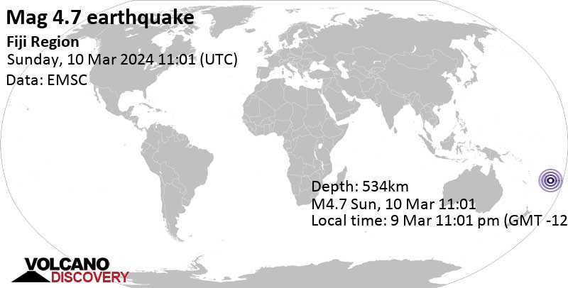 4.7 quake South Pacific Ocean, 255 km south of Lakemba Island, Eastern, Fiji, Mar 9, 2024 11:01 pm (GMT -12)