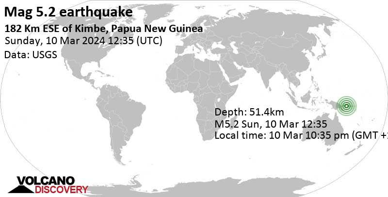 5.2 quake Solomon Sea, 165 km south of Lolobau Island, Papua New Guinea, Mar 10, 2024 10:35 pm (GMT +10)