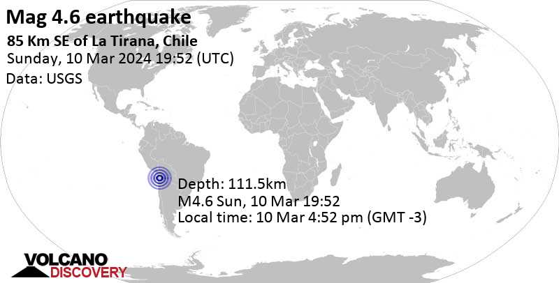 4.6 quake 132 km southeast of Iquique, Provincia de Iquique, Tarapaca, Chile, Mar 10, 2024 04:52 pm (Santiago time)