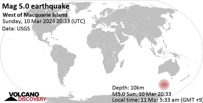 5.0 quake West of Macquarie Island Mar 11, 2024 05:33 am (GMT +9)