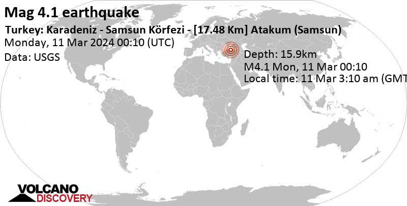4.1 quake Black Sea, 29 km north of Samsun, Samsun, Turkey, Mar 11, 2024 03:10 am (Istanbul time)