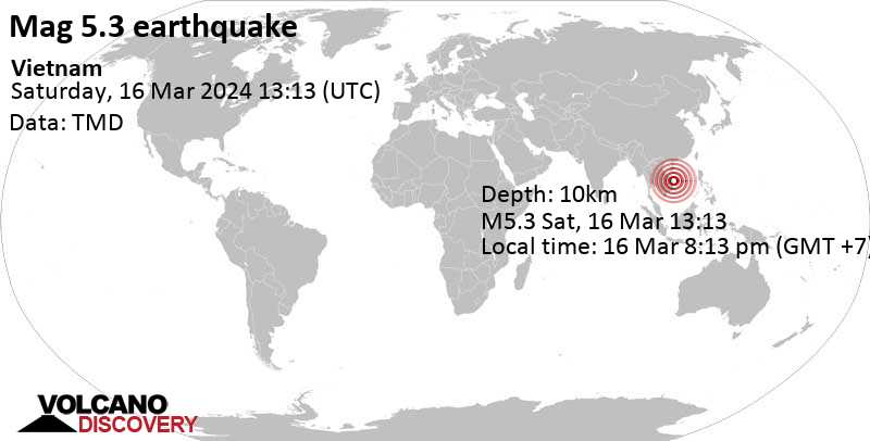 5.3 quake South China Sea, Vietnam, 104 km northeast of Quy Nhon, Tỉnh Bình Định, Mar 16, 2024 08:13 pm (GMT +7)
