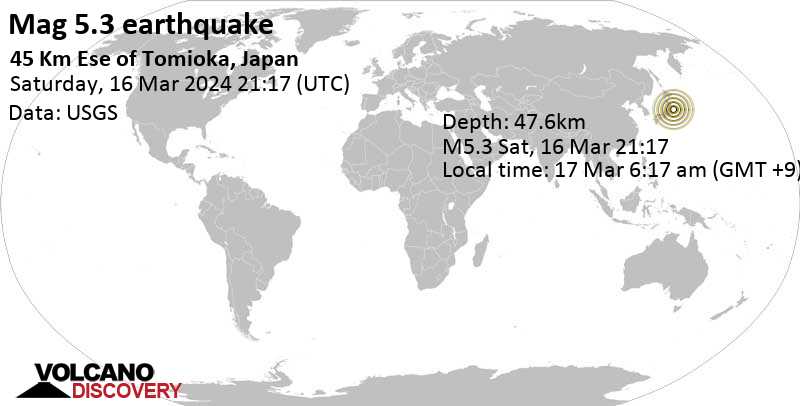 5.3 quake North Pacific Ocean, Japan, 53 km east of Iwaki, Fukushima, Mar 17, 2024 06:17 am (GMT +9)