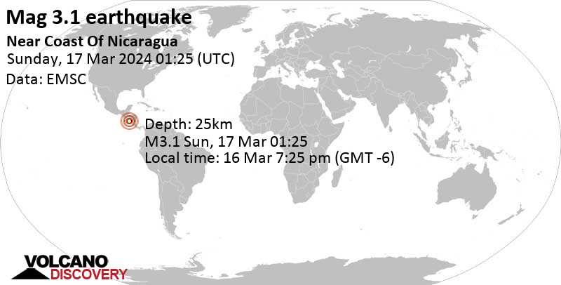 3.1 quake Nicaragua, 87 km west of Leon, Departamento de Leon, Mar 16, 2024 07:25 pm (Managua time)