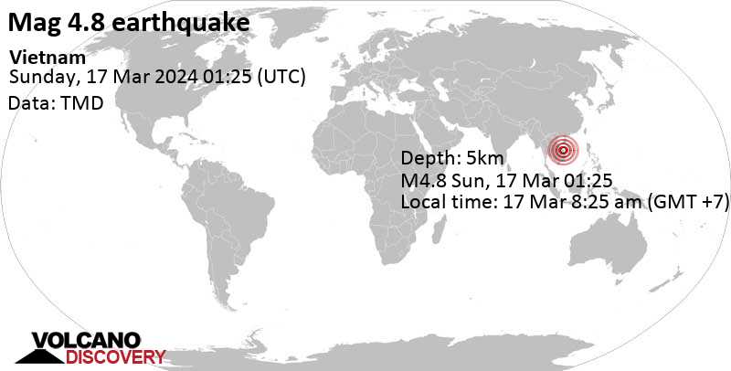 4.8 quake Vietnam, 69 km southwest of Tam Kỳ, Tỉnh Quảng Nam, Mar 17, 2024 08:25 am (Ho Chi Minh time)