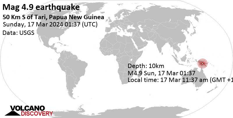 4.9 quake Papua New Guinea, 81 km west of Mendi, Southern Highlands Province, Mar 17, 2024 11:37 am (Port Moresby time)