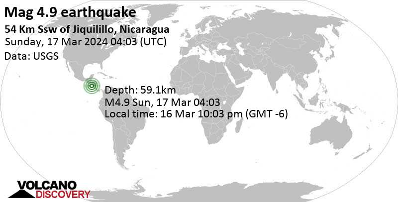 4.9 quake North Pacific Ocean, Nicaragua, 70 km southwest of Chinandega, Chinandega, Mar 16, 2024 10:03 pm (GMT -6)