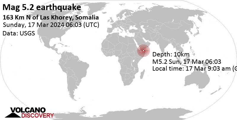 5.2 quake Yemen, 247 km southwest of Mukalla, Hadramaout, Mar 17, 2024 06:03 am (universal time)