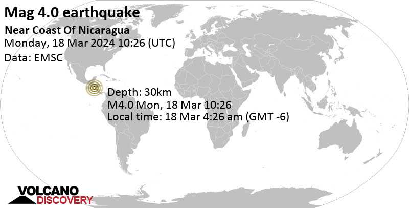 4.0 quake North Pacific Ocean, Nicaragua, 68 km southwest of Chinandega, Chinandega, Mar 18, 2024 04:26 am (GMT -6)