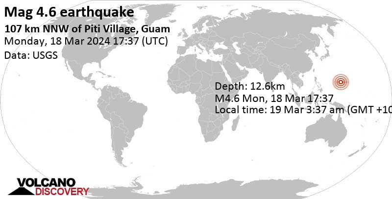 4.6 quake Philippine Sea, Guam, 112 km northwest of Dededo Village, Dededo, Mar 19, 2024 03:37 am (GMT +10)