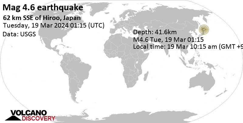 4.6 quake North Pacific Ocean, Japan, 132 km south of Obihiro, Hokkaido, Mar 19, 2024 10:15 am (GMT +9)