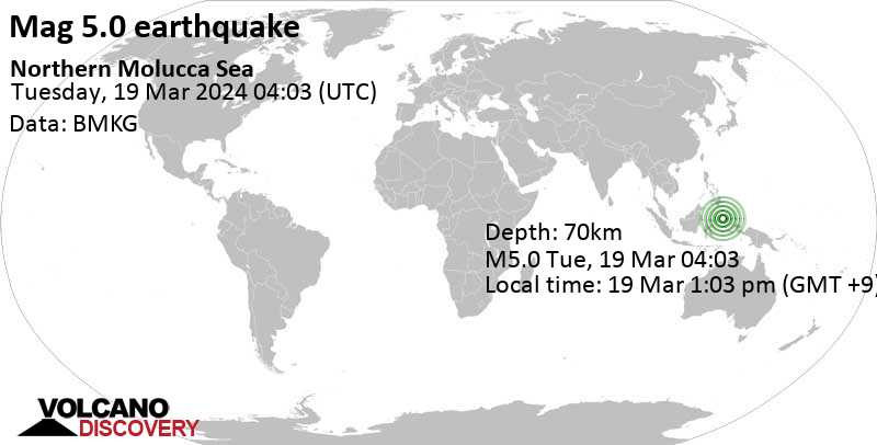 4.9 quake Molucca Sea, Indonesia, 15 km southeast of Pulau Mayu Island, North Maluku, Mar 19, 2024 01:03 pm (Jayapura time)