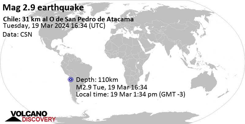 Quake Info: Minor Mag. 2.9 Earthquake - Chile, 60 km Southeast of Calama,  Provincia de El Loa, Antofagasta, on Tuesday, Mar 19, 2024, at 12:34 pm  (Santiago Time)