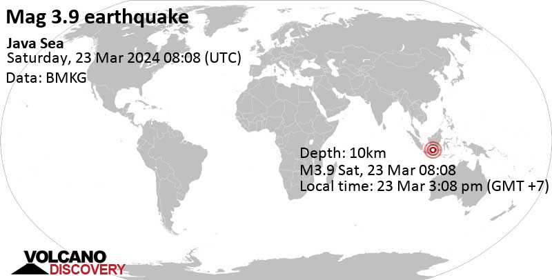 3.9 quake Java Sea, Indonesia, 30 km west of Bawean Island, East Java, Mar 23, 2024 03:08 pm (Jakarta time)