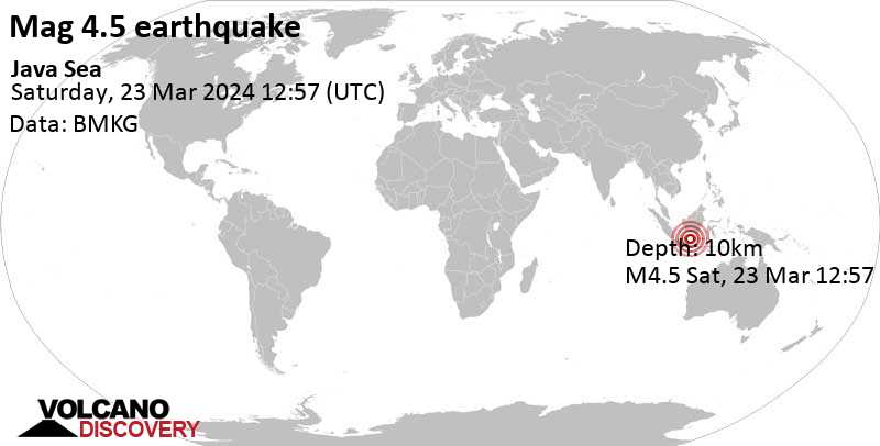 4.6 quake Java Sea, Indonesia, 43 km southwest of Bawean Island, East Java, Mar 23, 2024 07:57 pm (Jakarta time)