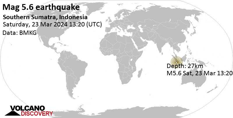 5.6 quake Indian Ocean, Indonesia, 92 km southwest of Pagar Alam, South Sumatra, Mar 23, 2024 08:20 pm (Jakarta time)