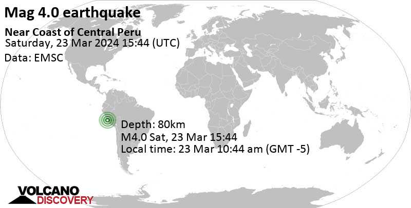 4.0 quake Lima region, Peru, 75 km southeast of Lima, Mar 23, 2024 10:44 am (Lima time)