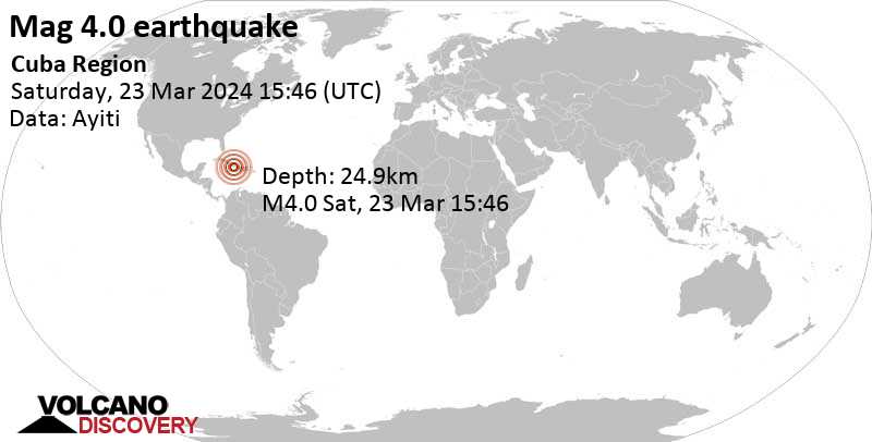 3.9 quake Santiago de Cuba, Cuba, 28 km southwest of Guantanamo, Guantanamo, Mar 23, 2024 11:46 am (Havana time)