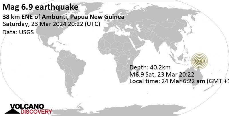 6.9 quake Papua New Guinea, 84 km southwest of Wewak, East Sepik Province, Mar 24, 2024 06:22 am (Port Moresby time)