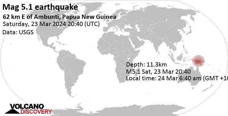 5.1 quake Papua New Guinea, 72 km southwest of Wewak, East Sepik Province, Mar 24, 2024 06:40 am (Port Moresby time)